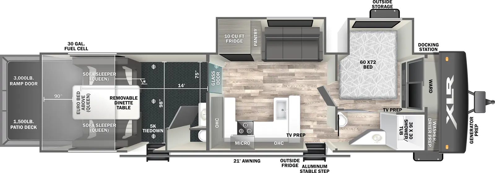 The 3314H has two slideouts, two entries, and a rear ramp door. Exterior features generator prep, docking station, outside storage, aluminum stable step entry, outside refrigerator, 21 foot awning, and 30 gallon fuel cell. Interior layout front to back: wardrobe with washer/dryer prep, off-door side bed slideout with generator prep switch, and TV prep on wall of door side full pass-through bathroom with tankless water heater controller; off-door side slideout with sofa, pantry, and refrigerator; door side entry with 30 amp solar panel controller, kitchen counter with sink wraps to door side with TV prep, overhead cabinet, microwave, cooktop, and continues to wrap to inner wall with overhead cabinet; glass door to rear garage with door side half bathroom, entry, and rear opposing queen sofa sleepers with removable dinette and euro queen bed above. Garage dimensions: 3,000 lb rear ramp door, 1,500 lb patio deck, 85 inch height rear entry, 81.5 inch from floor to bottom of euro bed, 98 inch from door side to off-door side, 5,000 lb tiedowns.